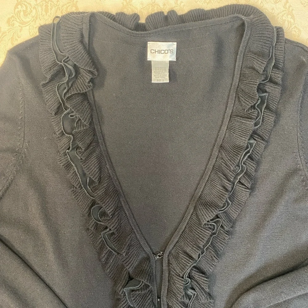 Chico’s Ruffled Black Dressy Cardigan Sweater Size 2 V-Neck Very Soft